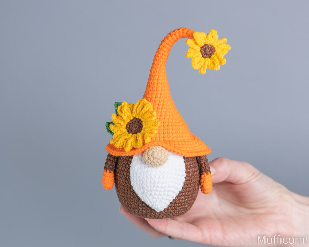 Crochet sunflower gnome hat detail close-up