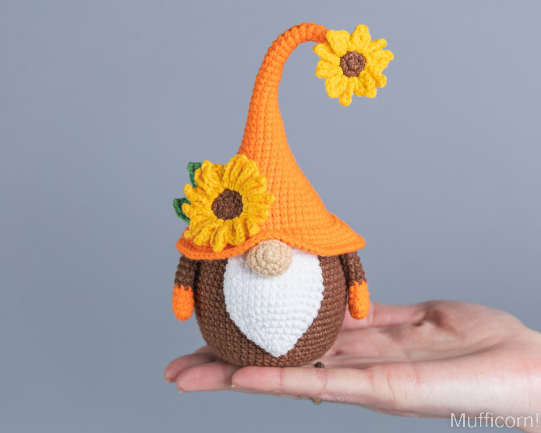 Handmade sunflower gnome amigurumi front view