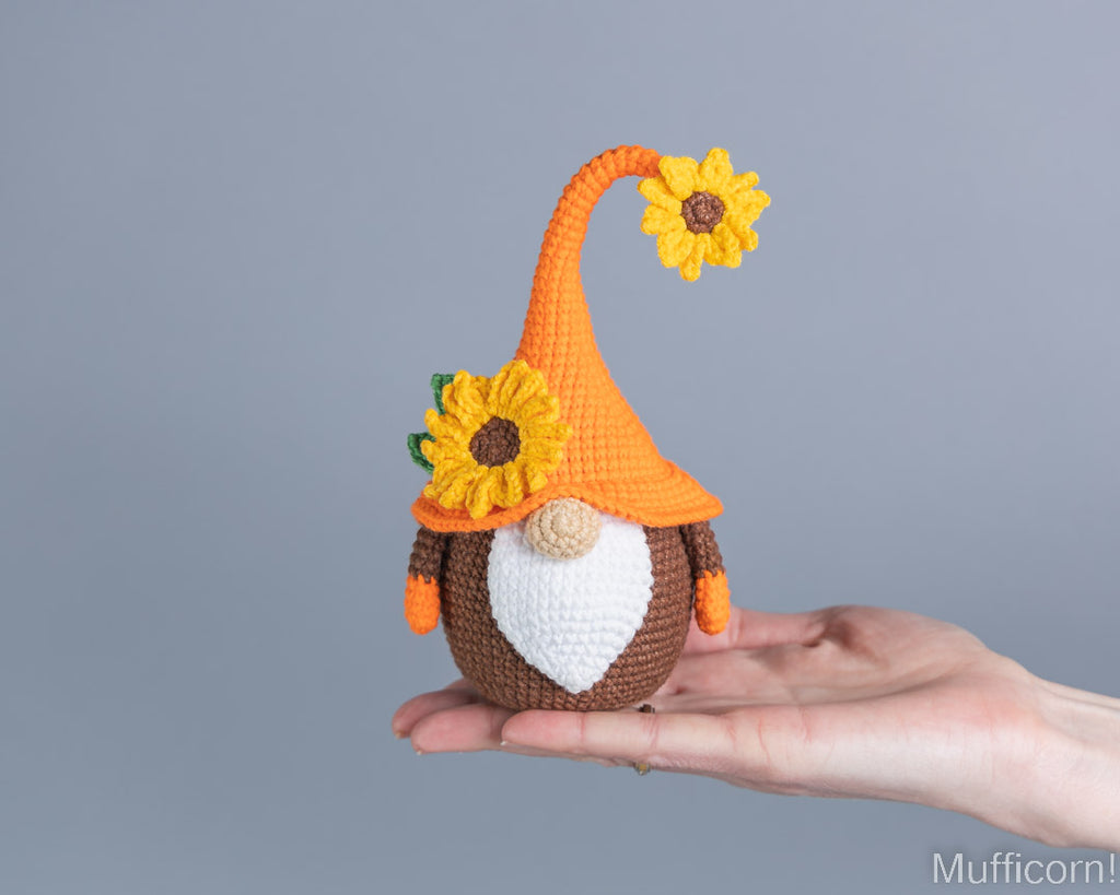 Brown and orange sunflower gnome crochet pattern