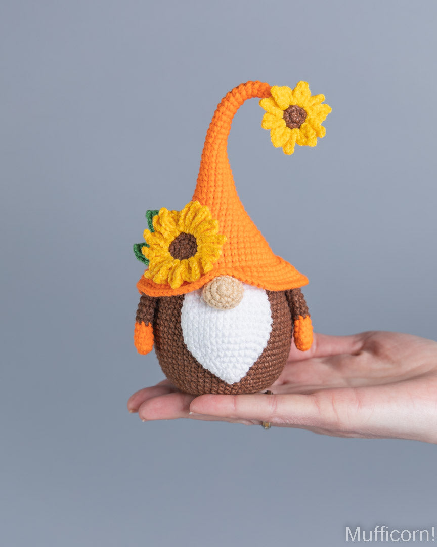 Crochet sunflower gnome amigurumi close-up