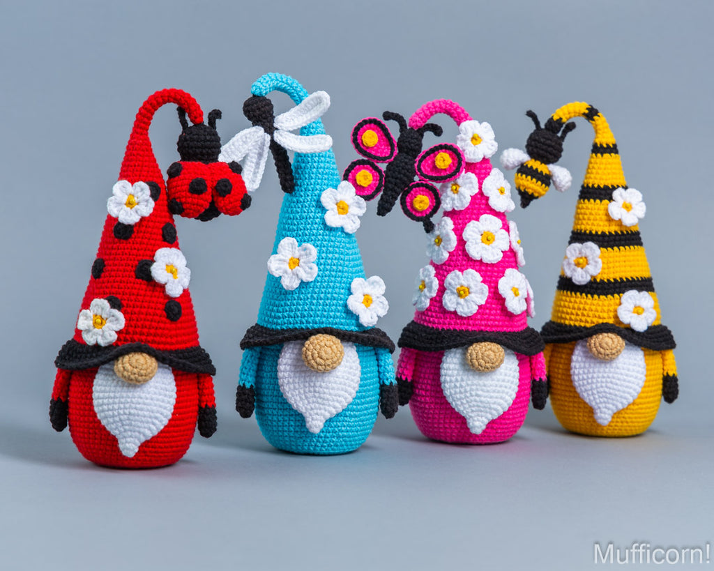 Crochet patterns bundle: Gnome with Bee, Ladybug, Dragonfly and Butterfly