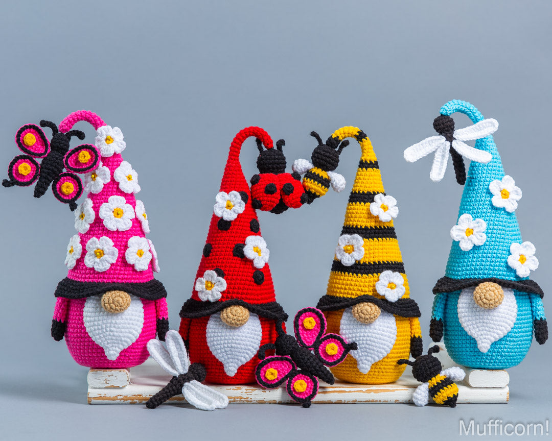 Crochet patterns bundle: Gnome with Bee, Ladybug, Dragonfly and Butterfly