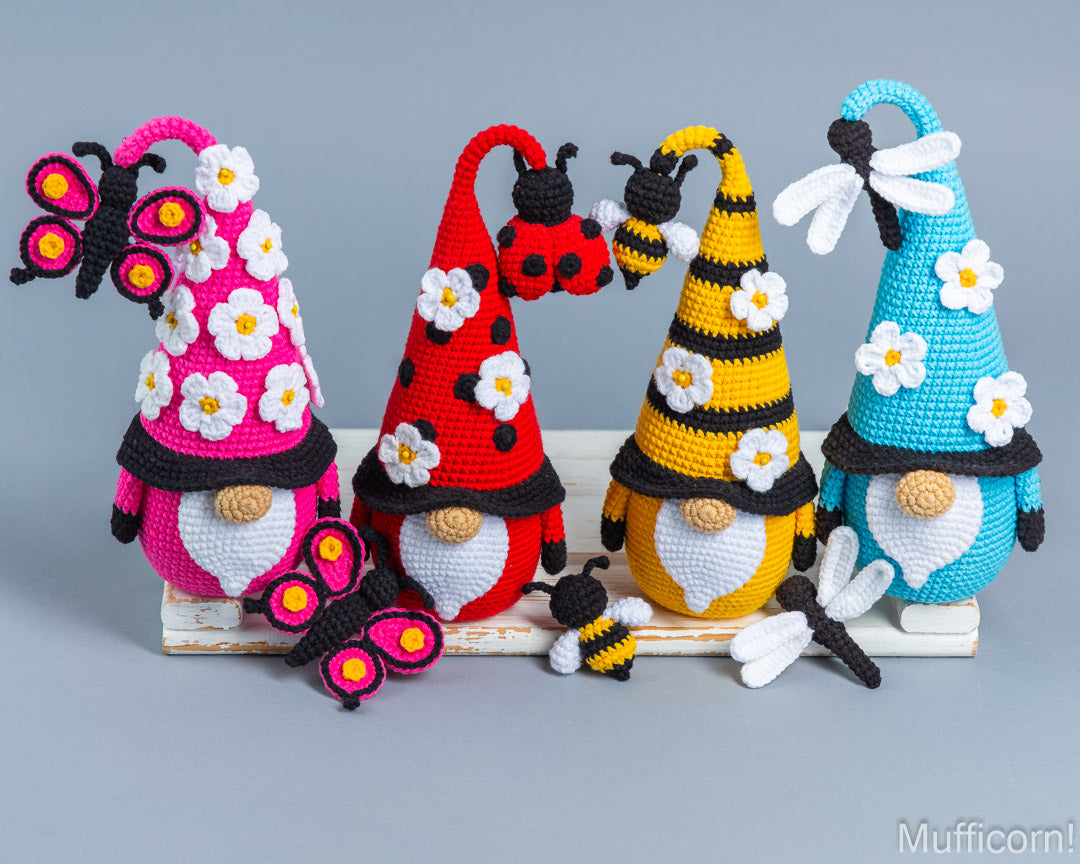 Crochet patterns bundle: Gnome with Bee, Ladybug, Dragonfly and Butterfly