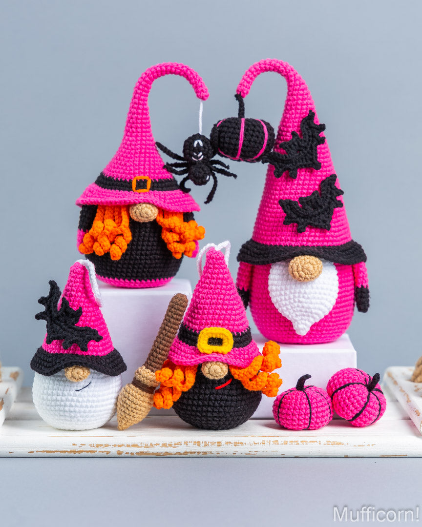 Pink and black witch and bat gnome crochet pattern bundle together