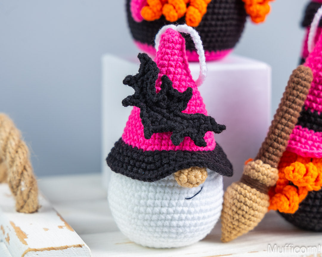 Crochet pink and black bat gnome keychain bag charm pattern