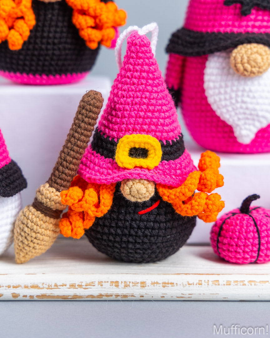 Crochet pink and black witch gnome keychain bag charm pattern