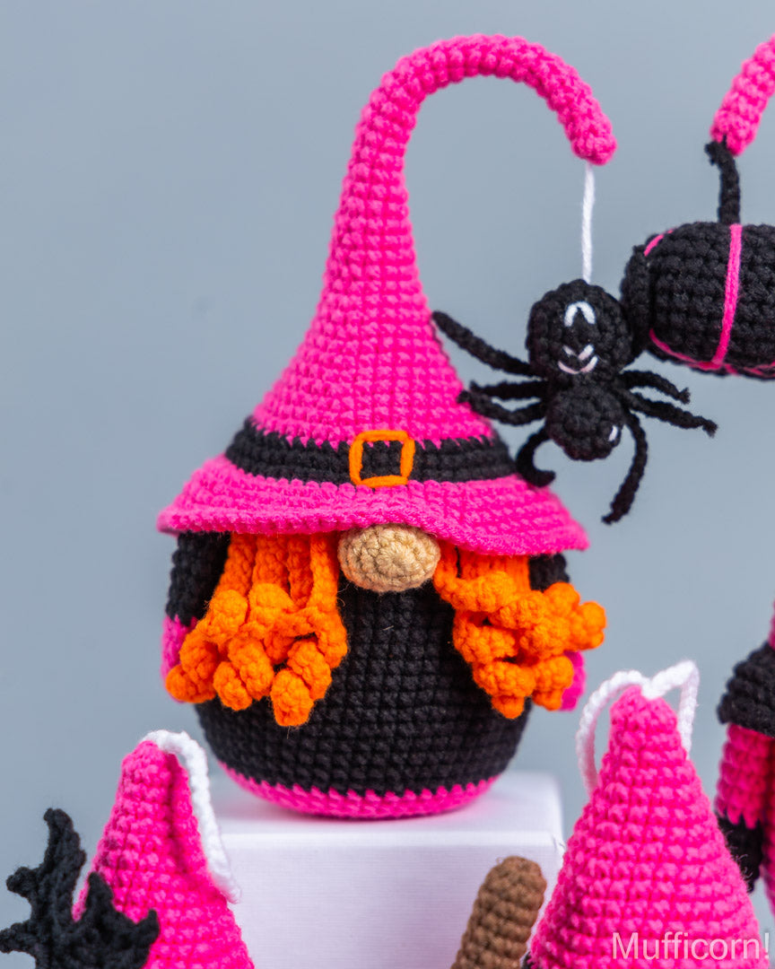 Crochet pink and black witch gnome amigurumi pattern