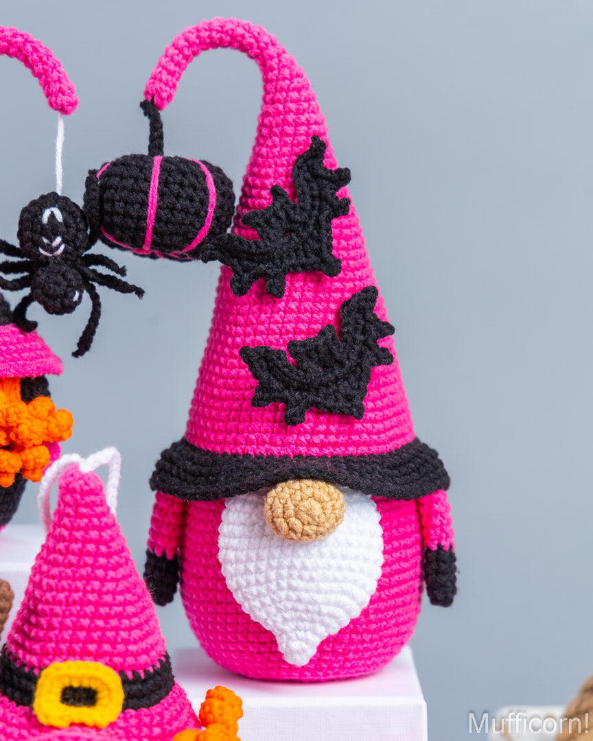 Crochet pink and black bat gnome amigurumi pattern