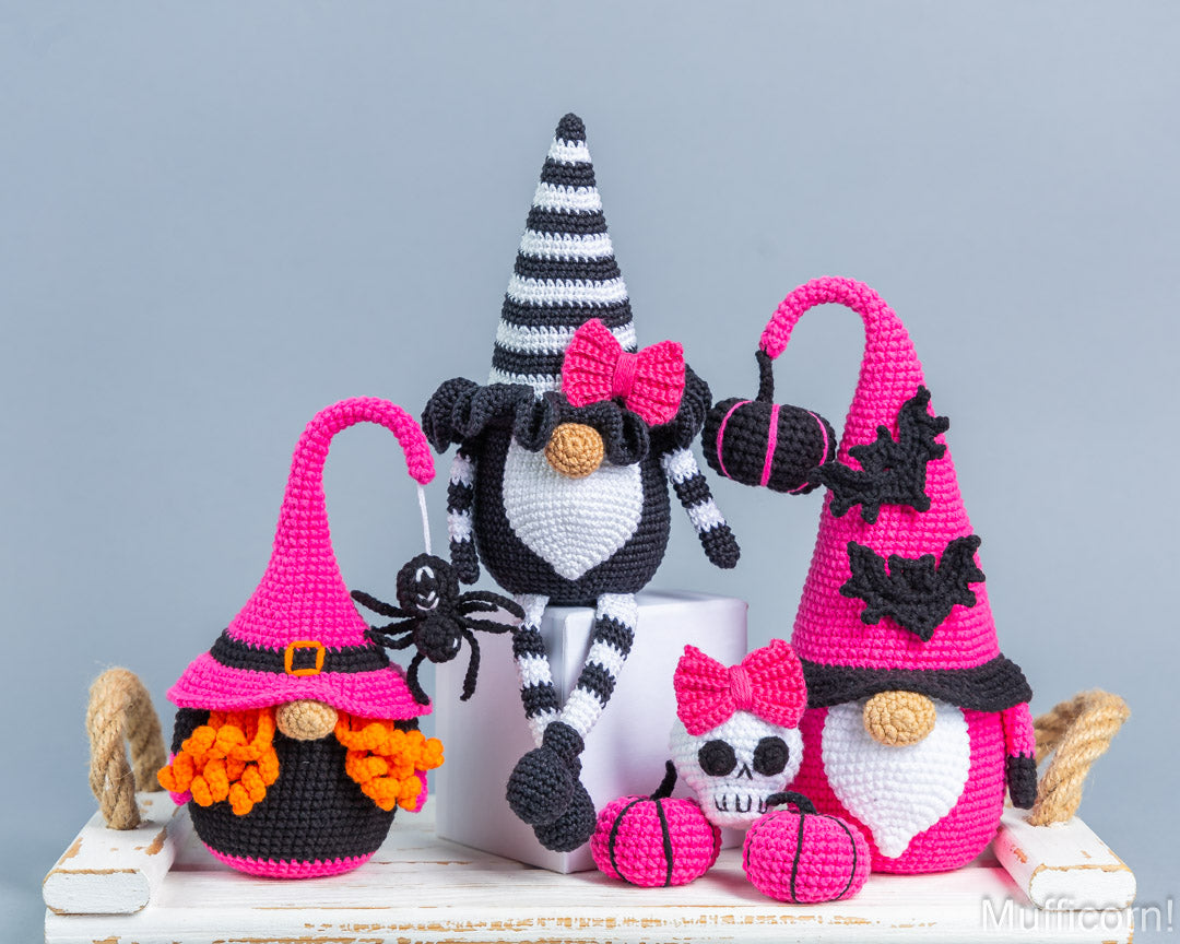 Pink and black Halloween gnome crochet pattern bundle flat lay