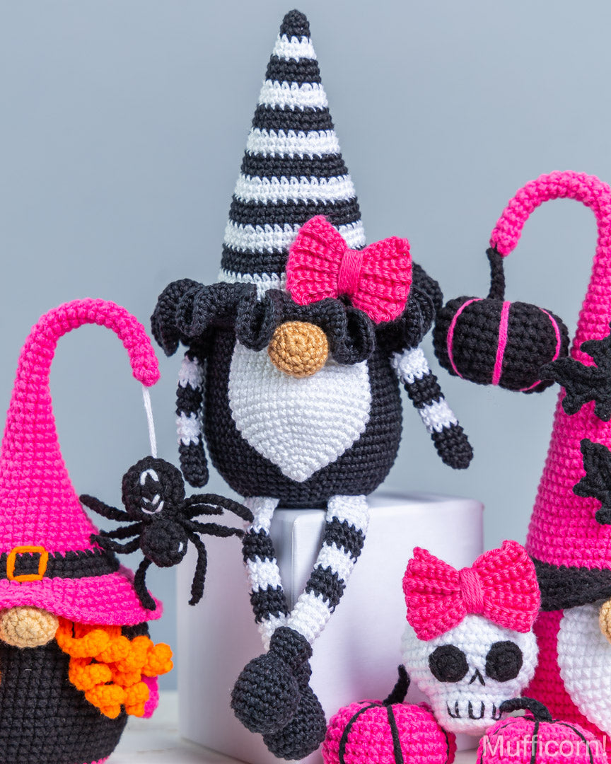 Crochet gnome with pink bow amigurumi pattern