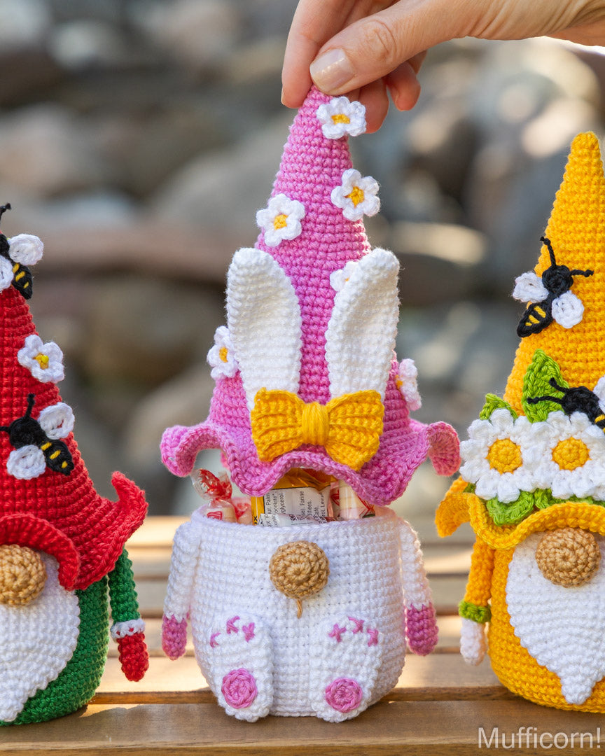 Crochet patterns bundle: Bunny, Bee and Flower Gnome and Daisy Gnomes Candy Keepers