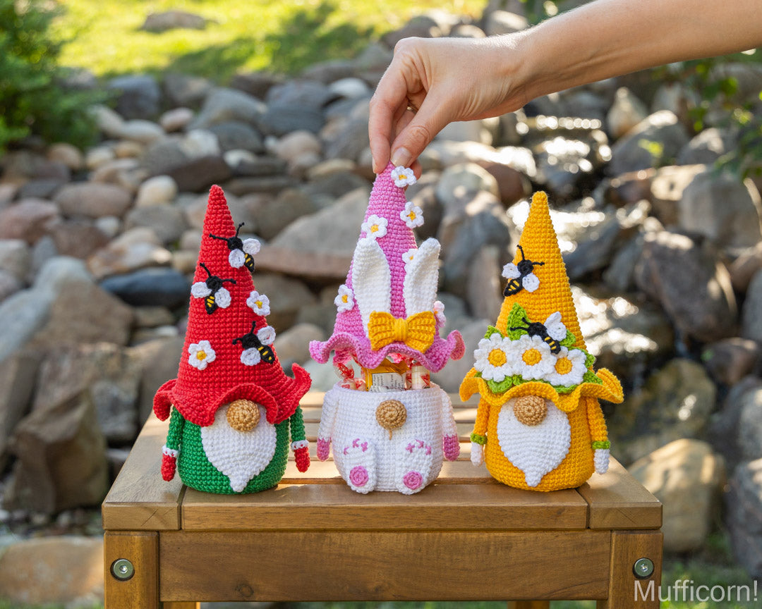 Crochet patterns bundle: Bunny, Bee and Flower Gnome and Daisy Gnomes Candy Keepers